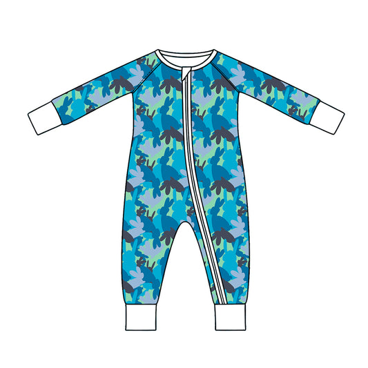 Preorder (moq 5) Baby Boy Clothes Easter Bunny Blue Camo Silhouette Print Long Sleeve Zipper Romper
