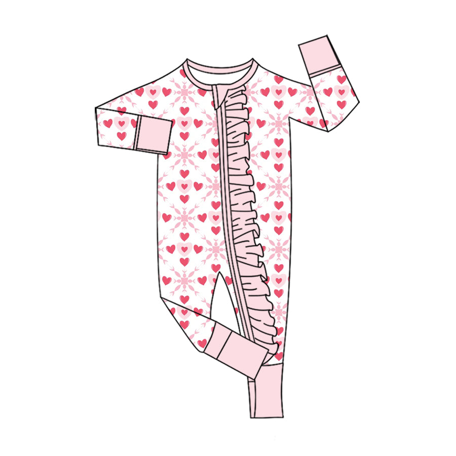 Preorder (moq 5) Baby Girl Clothes Light Pink Heart Snowflake Mixed Print Long Sleeve Ruffle Zipper Baby Romper