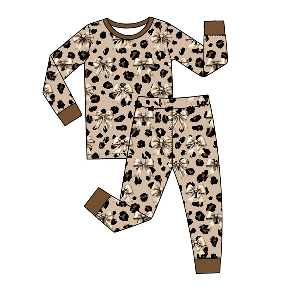 Preorder (moq 5) Baby Girl Clothes Classic Leopard Big Cream Bow Print Long Sleeve Pajama Set
