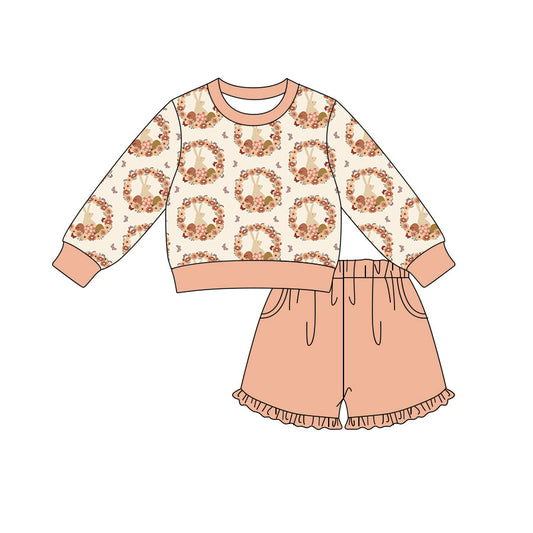 Preorder (moq 5) Baby Girl Clothes Vintage Floral Bunny Wreath Print Long Sleeve Top Ruffle Shorts Outfit Set