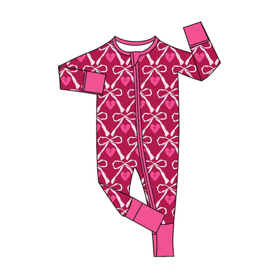 Preorder (moq 5) Baby Girl Clothes Valentine Bow Heart Print Long Sleeve Zipper Romper Jumpsuit