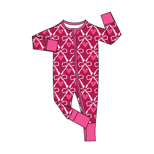 Preorder (moq 5) Baby Girl Clothes Valentine Bow Heart Print Long Sleeve Zipper Romper Jumpsuit