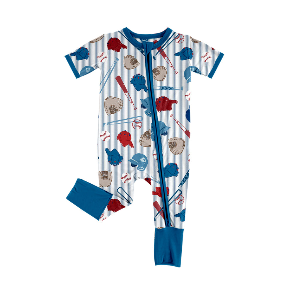 Preorder (moq 5) Baby Boy Clothes Baseball Gear Striped Allover Print Short Sleeve Zip Romper Jumpsuit