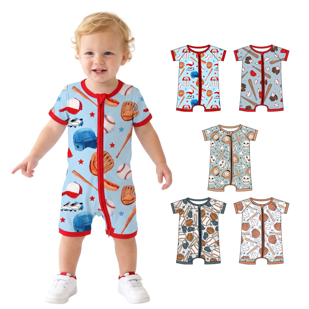 Preorder (moq 5) Baby Boy Romper Baseball Bat Glove Cap Print Short Sleeve Zipper Romper