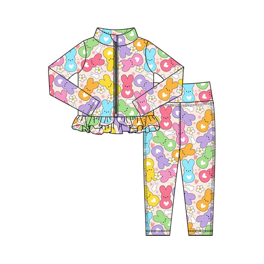 Preorder (moq 5) Baby Girl Clothes Easter Heart Bunny Daisy Mixed Print Long Sleeve Zipper Ruffle Rash Guard Set