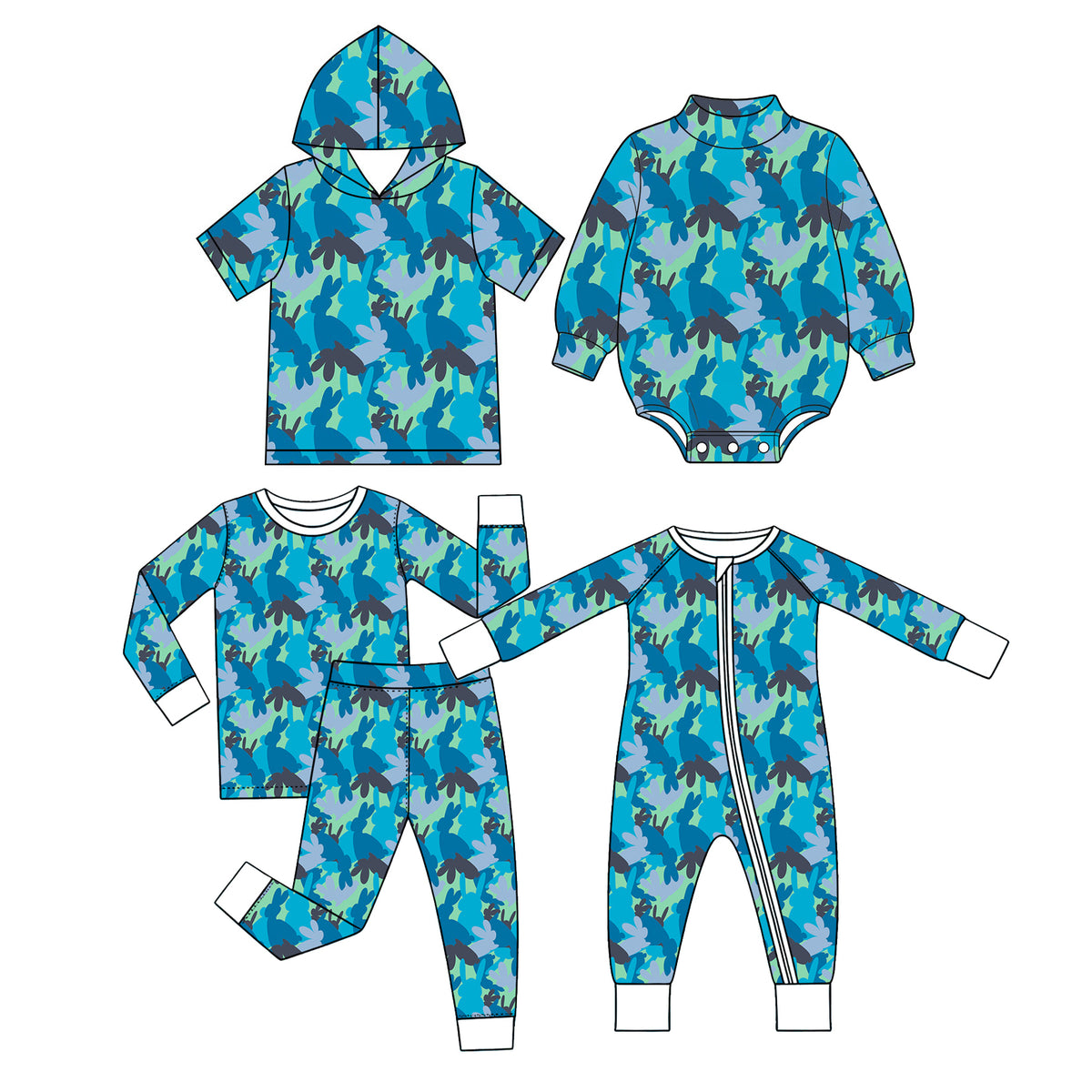 Preorder (moq 5) Baby Boy Clothes Easter Blue Bunny Camo Silhouette Print Long Sleeve Bubble Romper