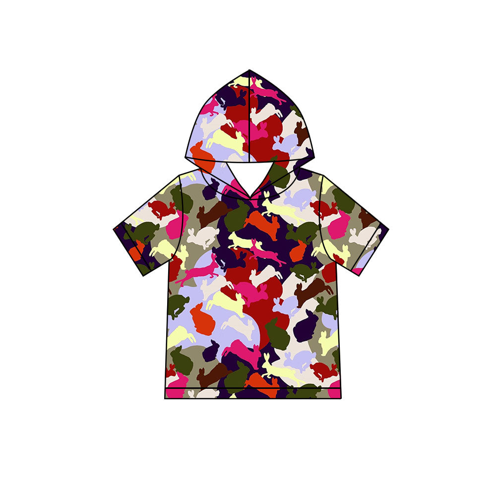 Preorder (moq 5) Baby Boy Clothes Easter Bunny Multicolor Camo Silhouette Print Short Sleeve Hooded Tee