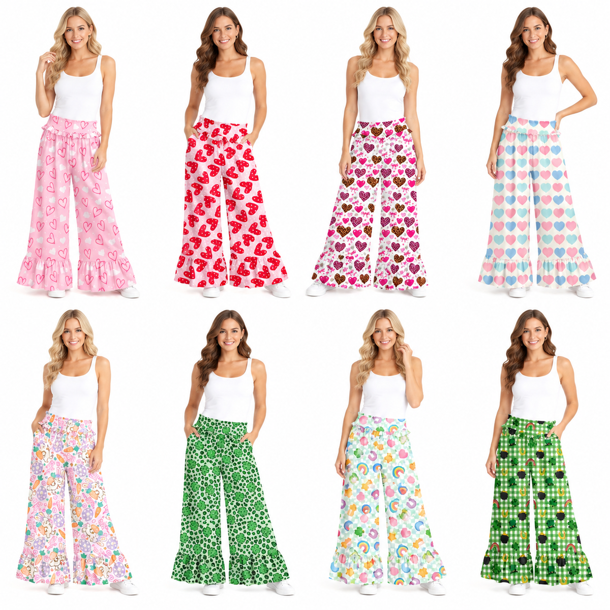 Preorder (moq 5) Women Clothes Pastel Multicolor Heart Print Ruffle High Waist Flare Pant