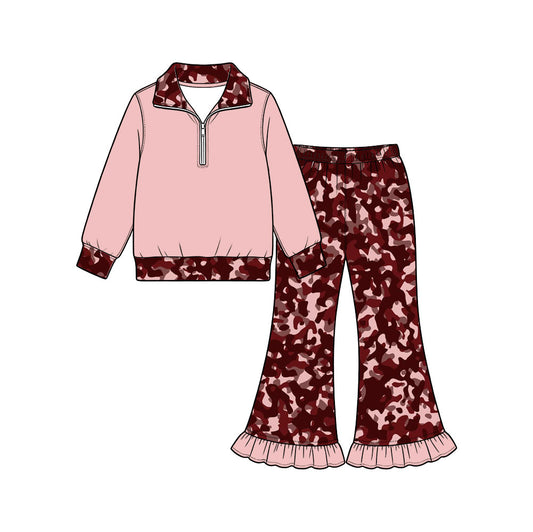 Preorder (moq 5) Baby Girl Clothes Pink Burgundy Camo Print Long Sleeve Half Zip Top Ruffle Flare Pant Set