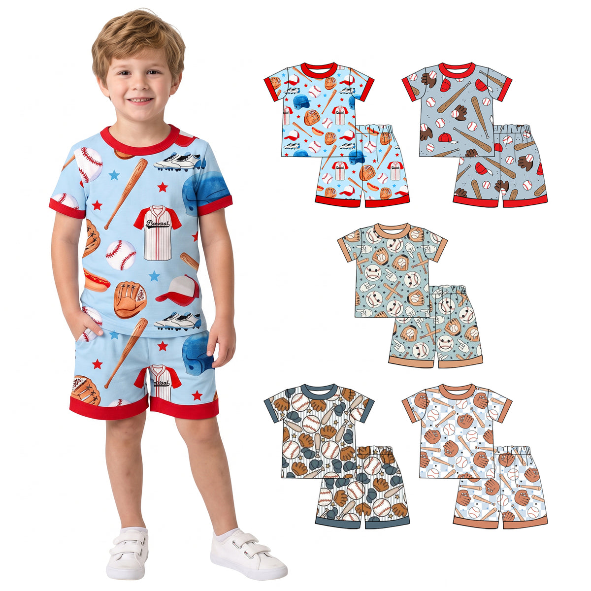 Preorder (moq 5) Boys Outfit Smiley Baseball Hand Gesture Print Short Sleeve Top And Shorts Set