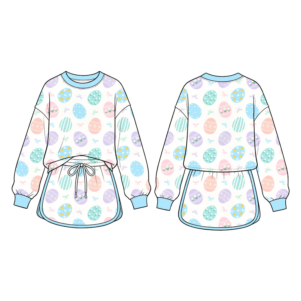 Preorder (moq 5) Baby Girl Clothes Colorful Easter Egg Mixed Print Long Sleeve Top Skirt Set