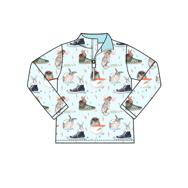 Preorder (moq 5) Baby Boy Clothes Cool Bunny Sneaker Mixed Print Long Sleeve Quarter Zip Pullover