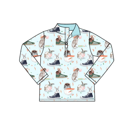 Preorder (moq 5) Baby Boy Clothes Cool Bunny Sneaker Mixed Print Long Sleeve Quarter Zip Pullover