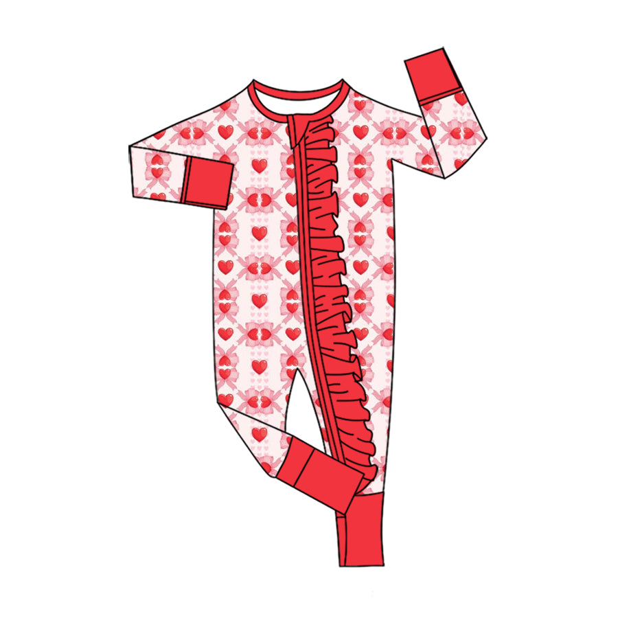 Preorder (moq 5) Baby Girl Clothes Red Heart Bow Lattice Mixed Print Long Sleeve Ruffle Zipper Baby Romper