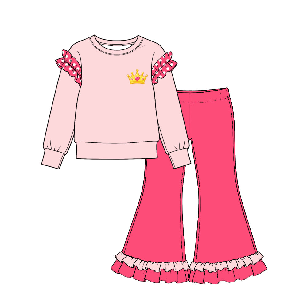 Preorder (moq 5) Baby Girl Clothes Golden Crown Print Pink Polka Dot Ruffle Long Sleeve Flare Pant Set
