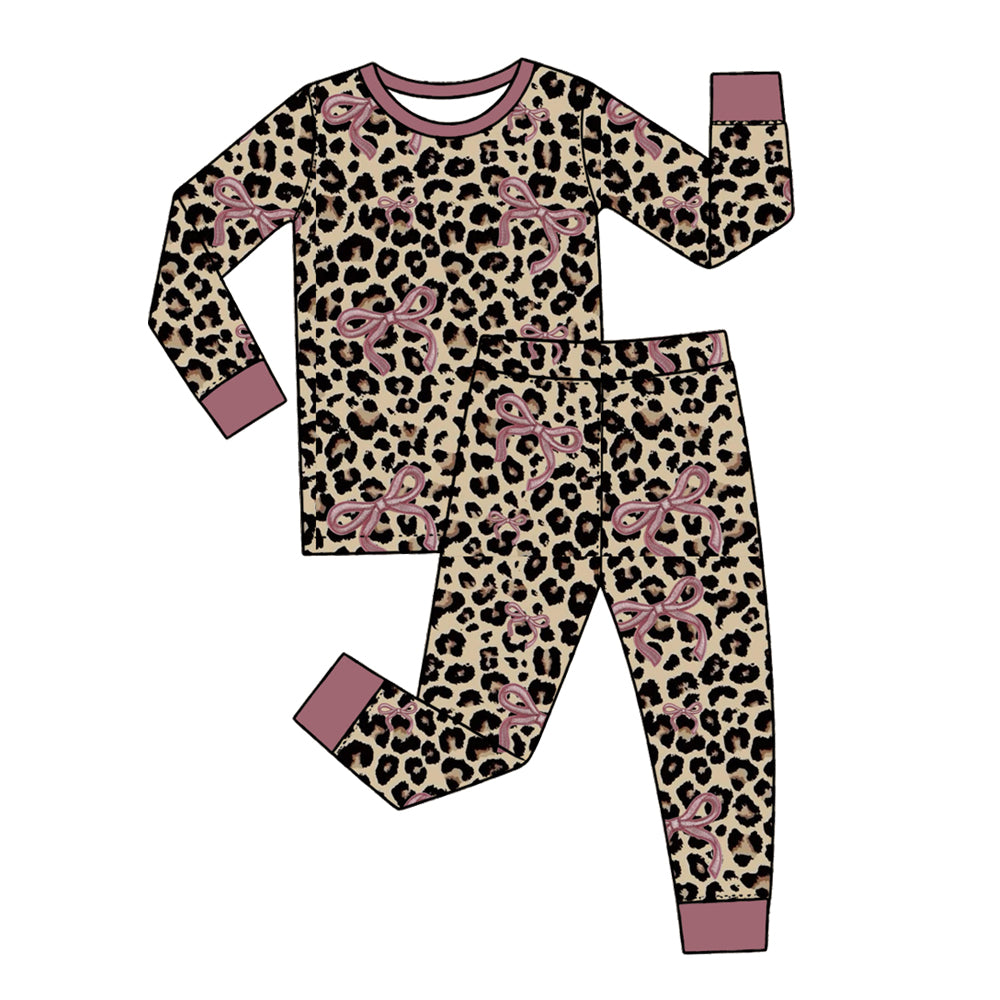 Preorder (moq 5) Baby Girl Clothes Leopard Pink Bow Cute Print Long Sleeve Pajama Set