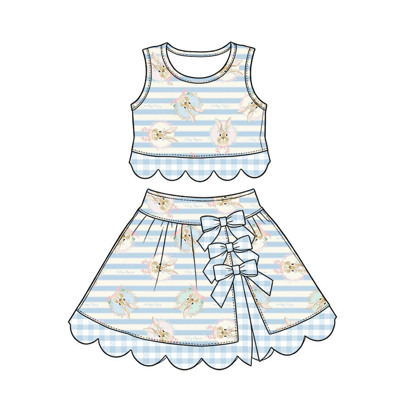 Preorder (moq 5) Baby Girl Clothes Easter Bunny Blue White Stripe Print Sleeveless Top Skirt Set With Plaid Bow