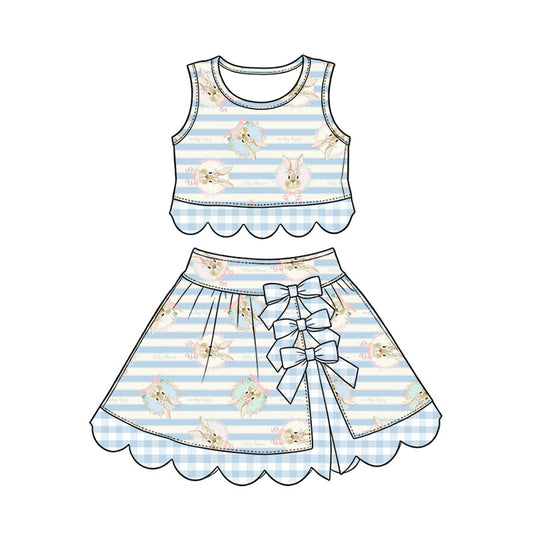 Preorder (moq 5) Baby Girl Clothes Easter Bunny Blue White Stripe Print Sleeveless Top Skirt Set With Plaid Bow