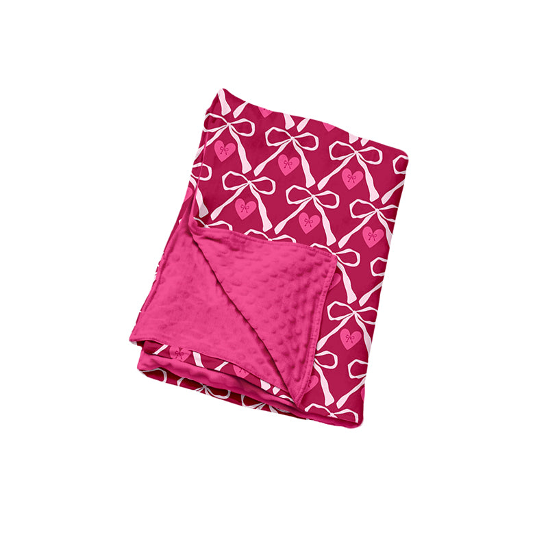 Preorder (moq 5) Baby Clothes Valentine Bow Heart Print Minky Dot Backing Newborn Swaddle Blanket