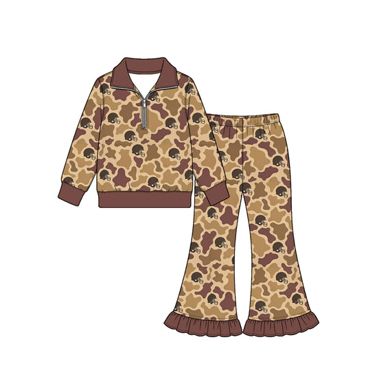 Preorder (moq 5) Baby Girl Clothes Brown Cow Camo Football Helmet Print Long Sleeve Half Zip Top Ruffle Flare Pant Set