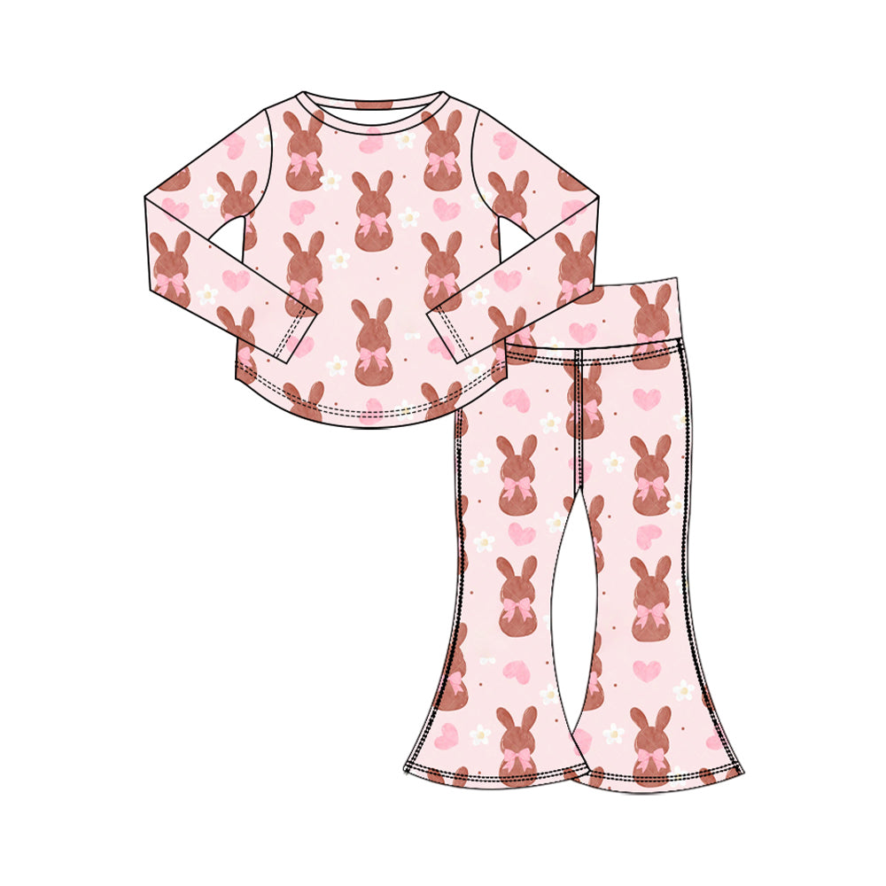 Preorder (moq 5) Baby Girl Clothes Easter Chocolate Bunny Bow Heart Print Long Sleeve Flare Pant Set