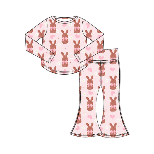 Preorder (moq 5) Baby Girl Clothes Easter Chocolate Bunny Bow Heart Print Long Sleeve Flare Pant Set