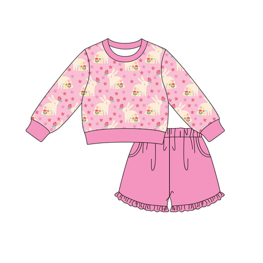 Preorder (moq 5) Baby Girl Clothes Pink Floral Bunny Print Long Sleeve Top Ruffle Shorts Outfit Set