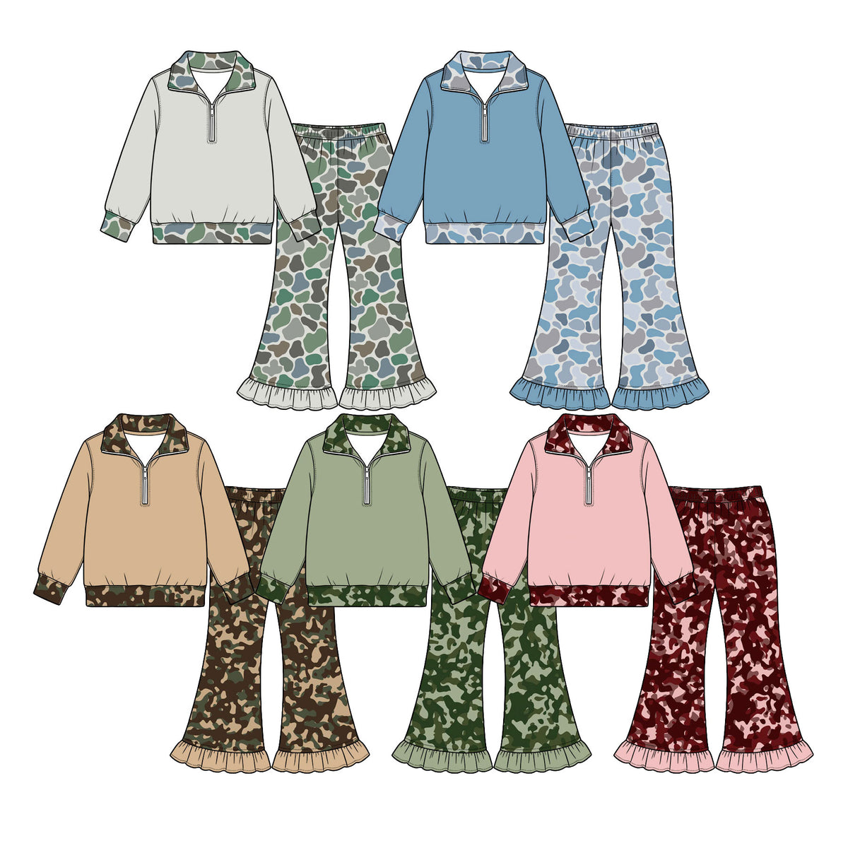 Preorder (moq 5) Baby Girl Clothes Sage Green Camo Print Long Sleeve Half Zip Top Ruffle Flare Pant Set