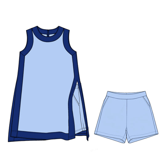 Custom MOQ5 Women adult Light Blue Contrast Trim Tank & Shorts Set – Sleeveless Active Summer Two Piece Outfit