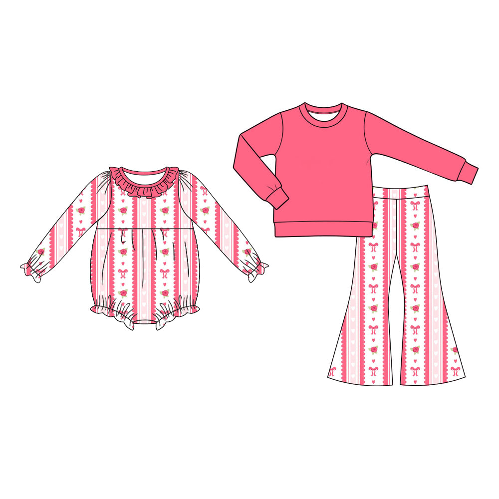 Preorder (moq 5) GLP4024 Baby Girl Clothes Rose Bow Stripe Print Long Sleeve Flare Pant Set