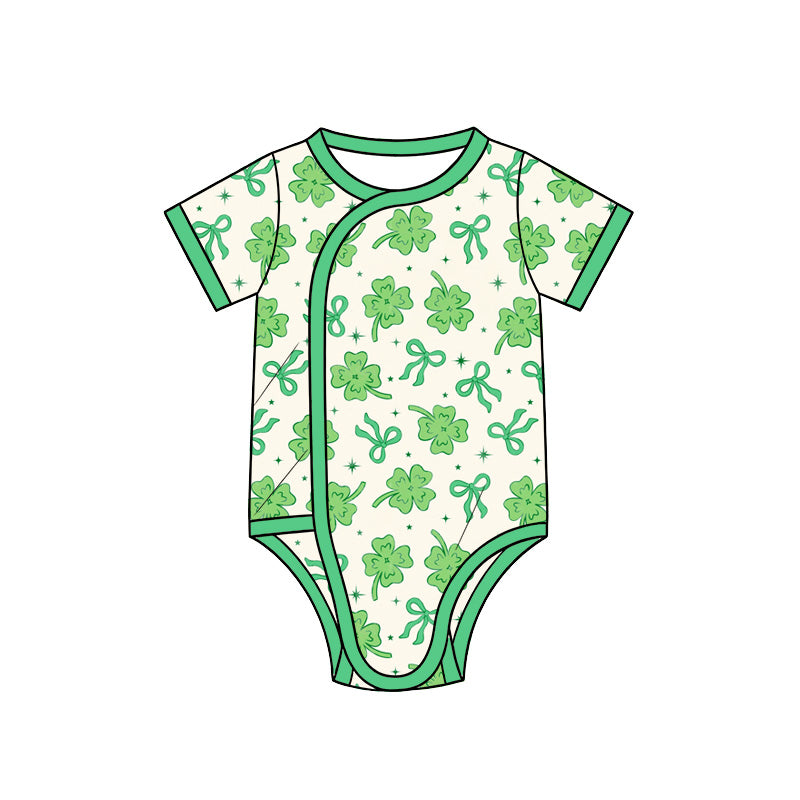 Preorder (moq 5) Baby Girl Clothes St Patricks Clover Bow Mixed Print Short Sleeve Side Snap Bodysuit