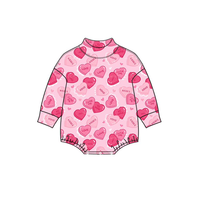 Preorder (moq 5) Baby Girl Clothes Valentine Candy Heart XOXO Kisses Text Print Long Sleeve Bubble Romper