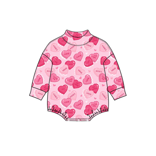 Preorder (moq 5) Baby Girl Clothes Valentine Candy Heart XOXO Kisses Text Print Long Sleeve Bubble Romper