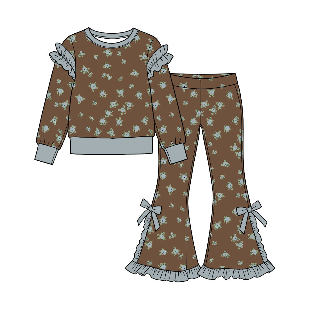 Preorder (moq 5) Baby Girl Clothes Dark Brown Small Floral Print Long Sleeve Ruffle Top Bow Flare Pant Set