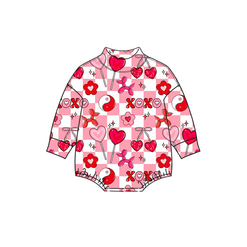 Preorder (moq 5) Baby Girl Clothes Valentine Lollipop Heart Checker Bow Mixed Print Long Sleeve Mock Neck Bodysuit