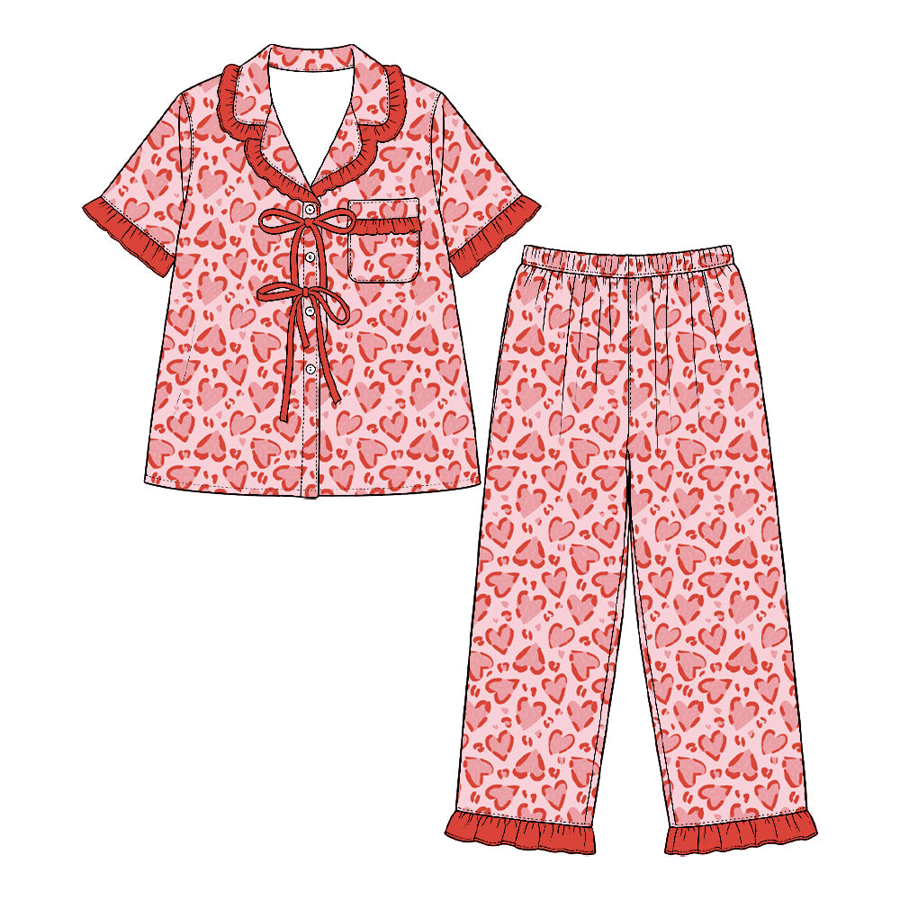 Preorder (moq 5) Baby Girl Clothes Valentine Soft Pink Gradient Heart Print Short Sleeve Ruffle Pajama Set