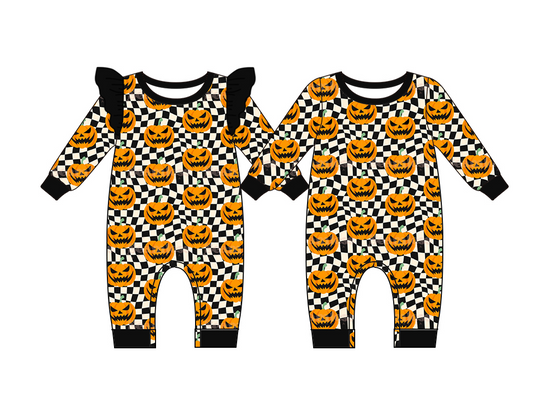 Halloween pumpkin sibling LR1389 boy romper 202407 preorder