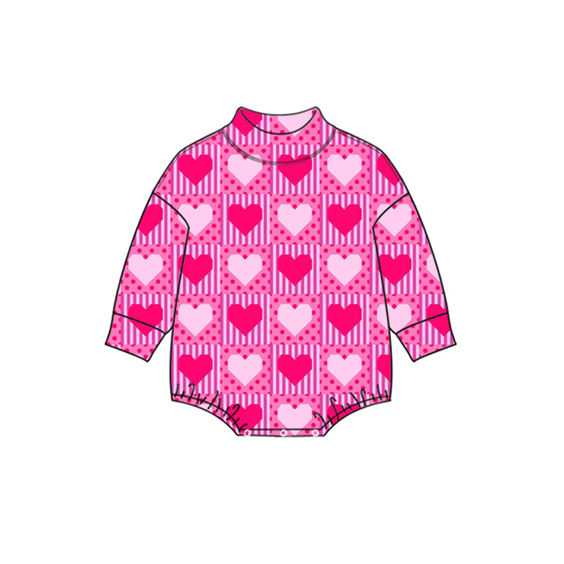 Preorder (moq 5) Baby Girl Clothes Valentine Stripe Polka Dot Heart Grid Print Long Sleeve Mock Neck Bodysuit