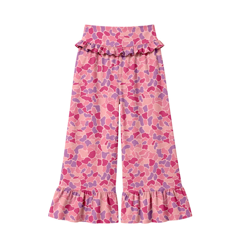 Preorder (moq 5) Women Clothes Pink Purple Camo Print Ruffle High Waist Flare Pant