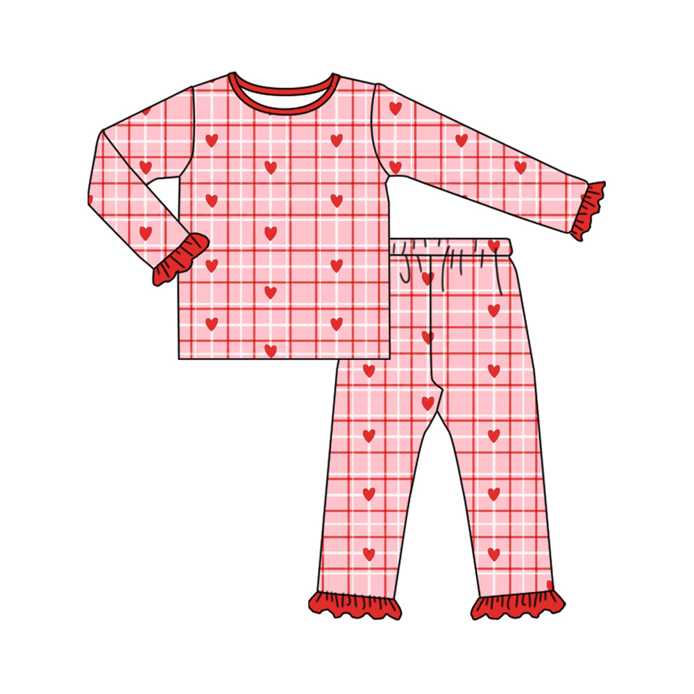 Preorder (moq 5) Baby Girl Clothes Valentine Plaid Red Heart Print Long Sleeve Ruffle Cuff Top And Pant Pajama Set