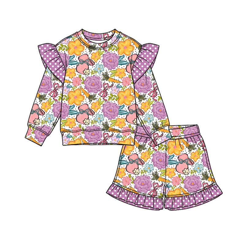 Preorder (moq 5) Baby Girl Clothes Easter Bunny Floral Carrot Print Long Sleeve Ruffle Top Ruffle Shorts Outfit Set