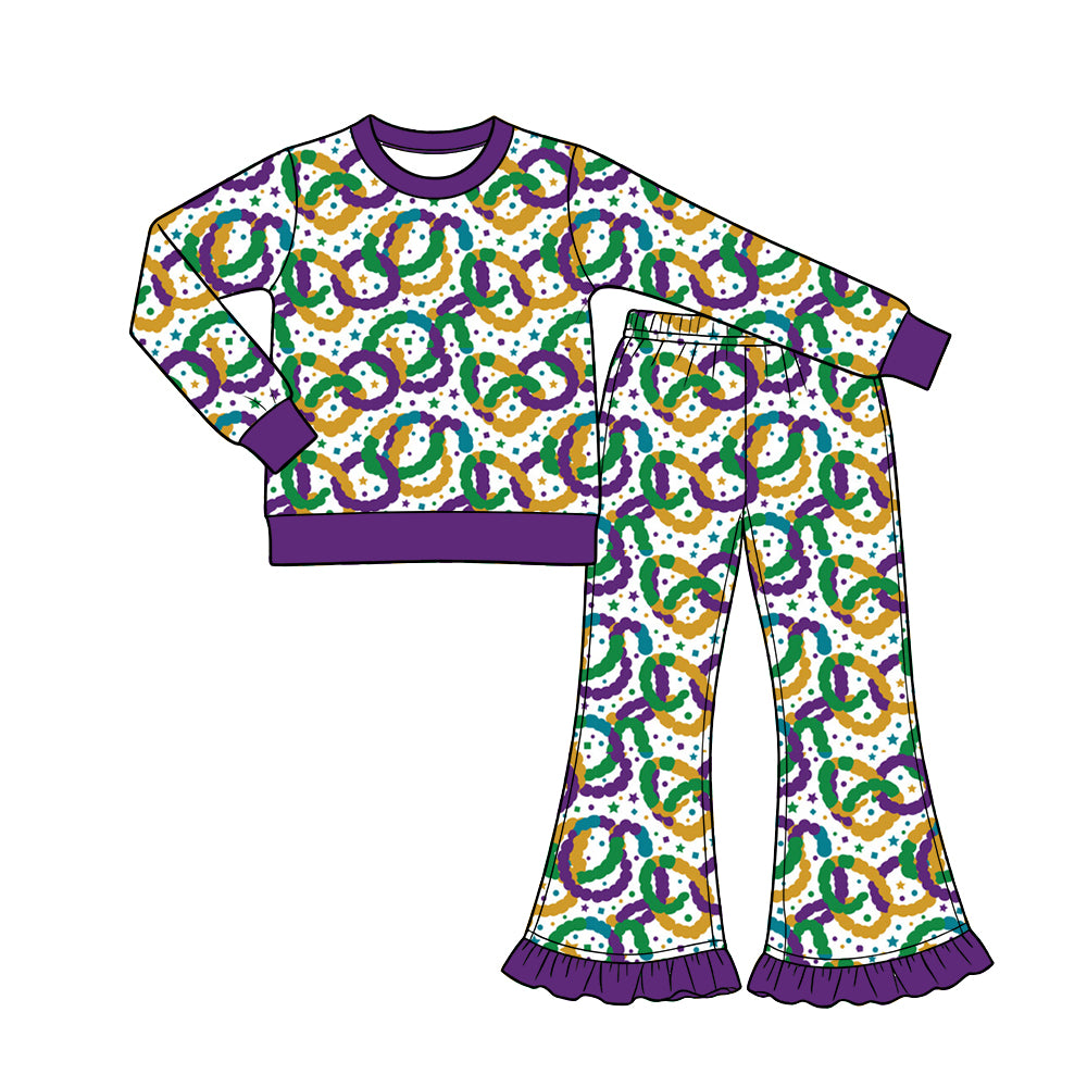 Preorder (moq 5) Baby Girl Clothes Mardi Gras Circle Bead Star Mixed Print Long Sleeve Flare Pant Set