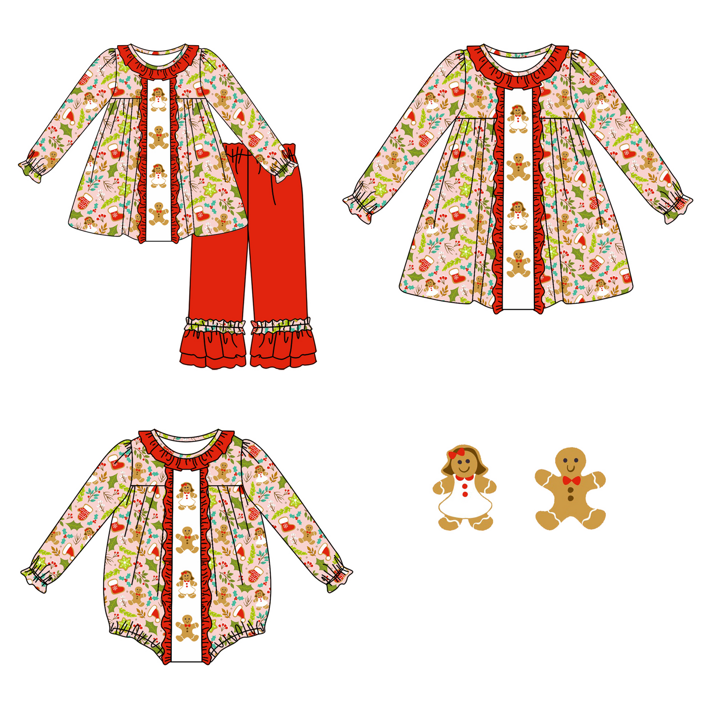 Christmas gingerbread leaves sibling GLD0696 girl dress preorder 202407