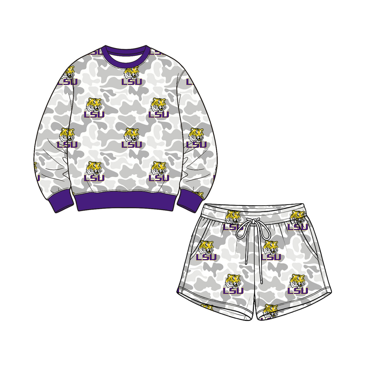 Preorder (moq 5) Louisiana Baby Clothes Grey Camo Tiger Logo Mixed Print Long Sleeve Sweatshirt Shorts Outfit Set