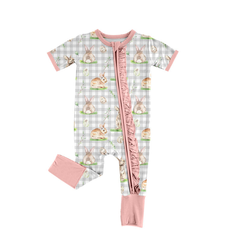 Preorder (moq 5) Baby Girl Clothes Easter Bunny Egg Gingham Print Short Sleeve Zipper Ruffle Romper
