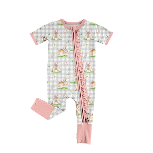 Preorder (moq 5) Baby Girl Clothes Easter Bunny Egg Gingham Print Short Sleeve Zipper Ruffle Romper