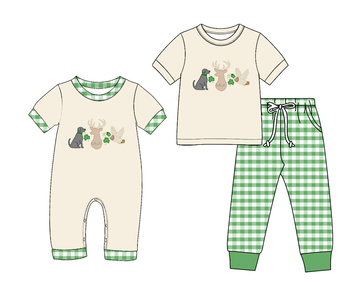 Preorder (moq 5) BSPO0739 Baby Boy Clothes Hunting Dog Deer Duck Embroidery Print Short Sleeve Jogger Pant Set