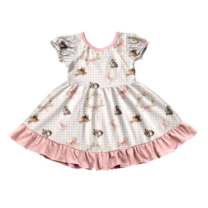 Preorder (moq 5) Baby Girl Clothes Easter Bunny Duck Bow Gingham Print Short Sleeve Ruffle Twirl Dress