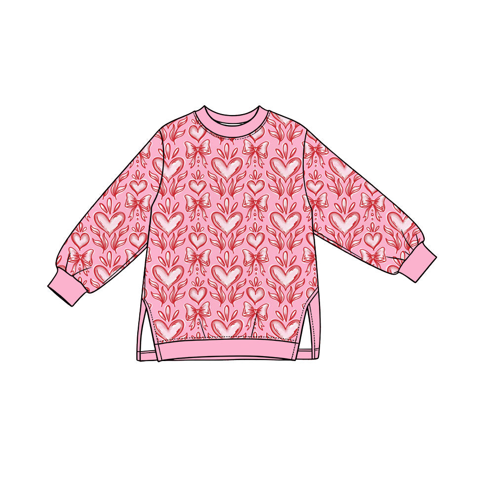 Preorder (moq 5) Baby Girl Clothes Vintage Heart Bow Damask Mixed Print Long Sleeve Side Slit Tunic Top