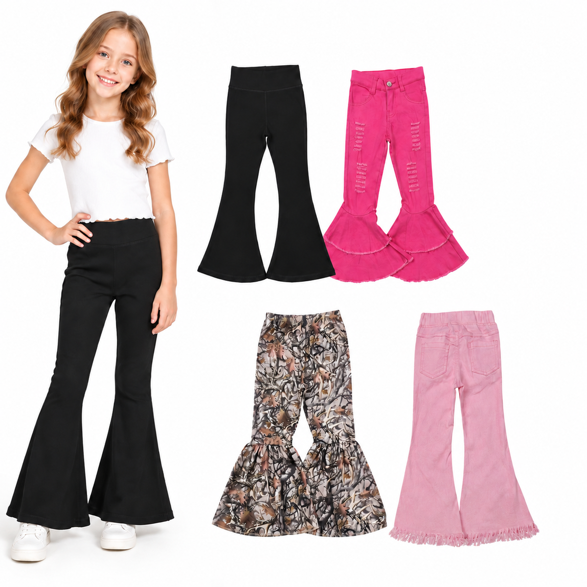 NO MOQ RTS P0309 Girl Clothes Hunting Deer Leaf Camo Print Elastic Waist Flare Bell Bottom Pants 202610